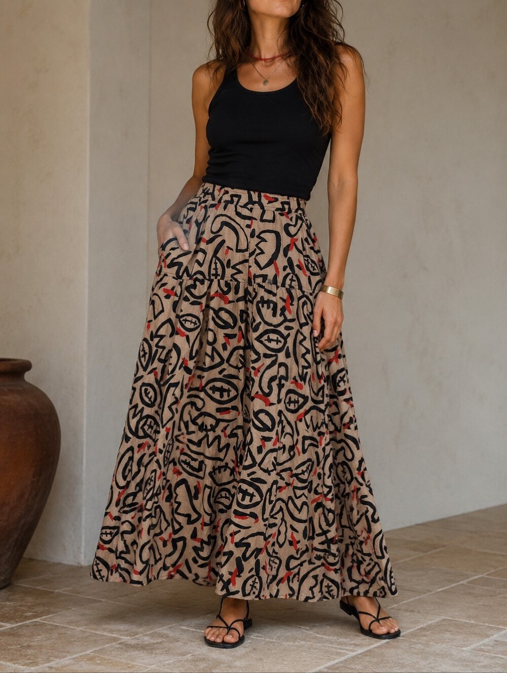 Vintage Abstract Wearable Art Print Corduroy Midi Skirt 27" Waist